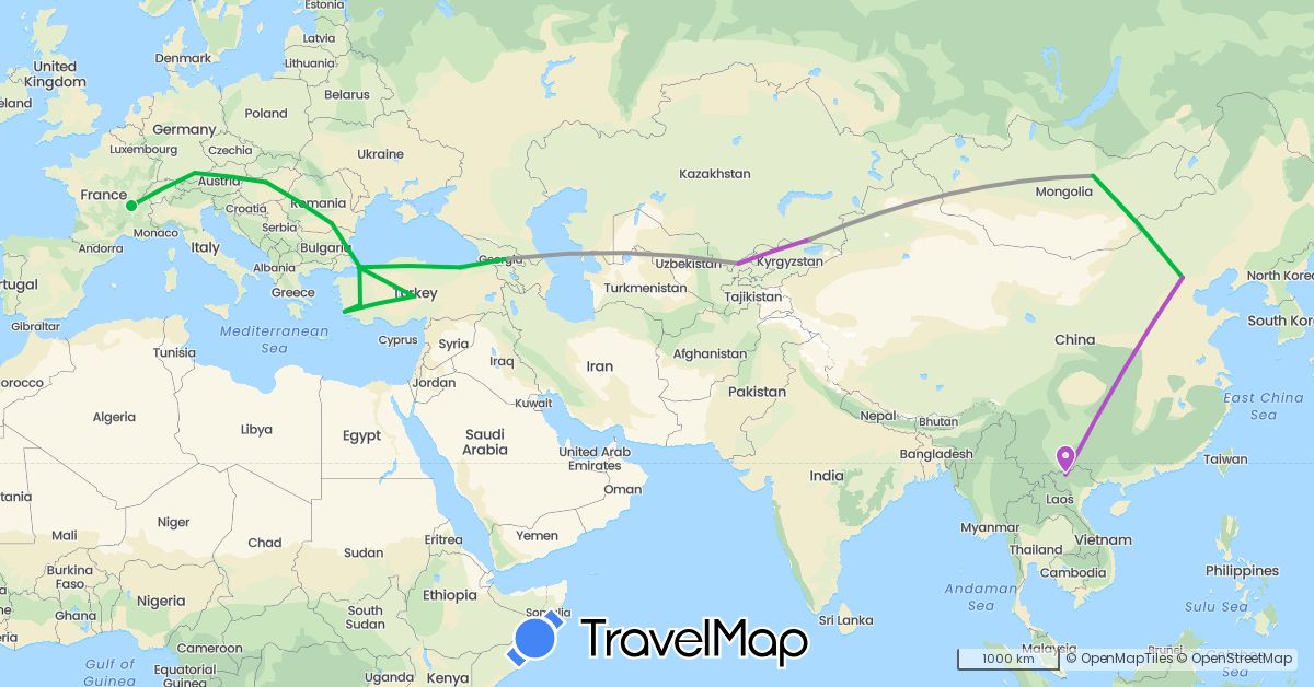 TravelMap itinerary: driving, bus, plane, train in China, Germany, France, Georgia, Hungary, Kazakhstan, Mongolia, Romania, Turkey, Uzbekistan, Vietnam (Asia, Europe)